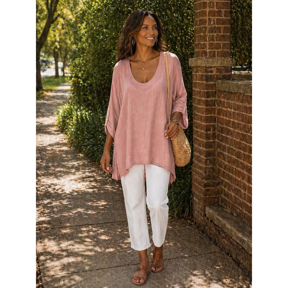 Oh My Gauze! Tunic Dusty Mauve Cotton Ruched Sleeve Beachy Boho Relaxed L/XL
